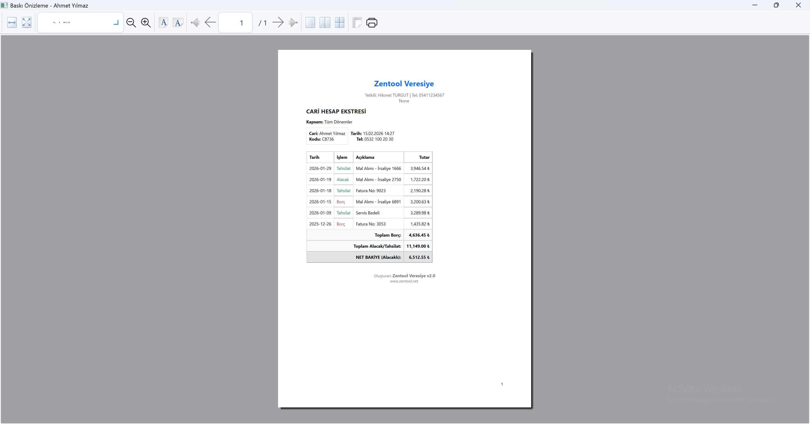 Zentool Veresiye - Raporlar